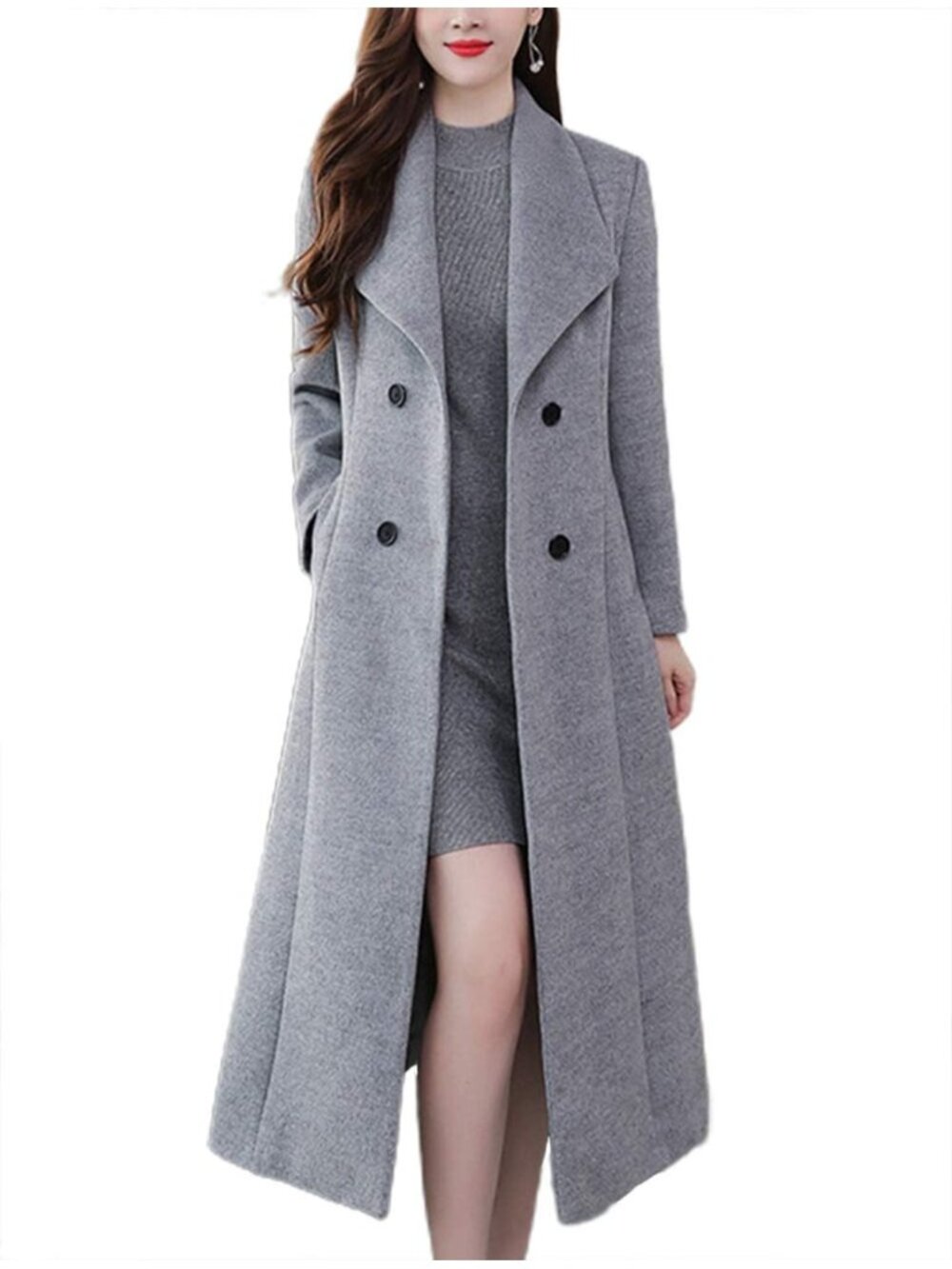 Women's Grey Wool Maxi Long Shawl Collar Double Breasted Classic Trench Coat